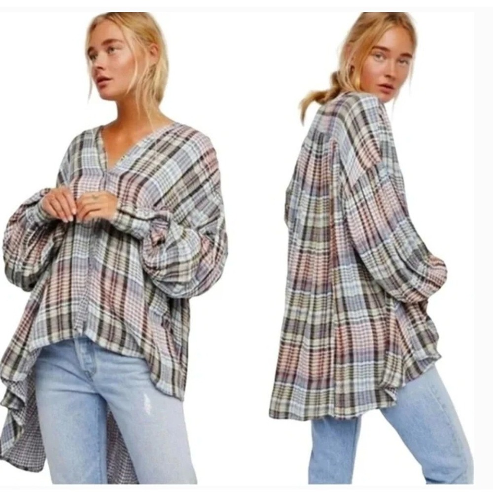Free People Come On Over Plaid Button-down Swing Top Size XS‎ Oversized Raw Hem